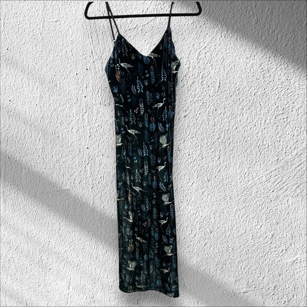 FRESHA London Crushed Velvet Maxi Slip Dress Cranes Small Whimsigoth Y2K Print‎